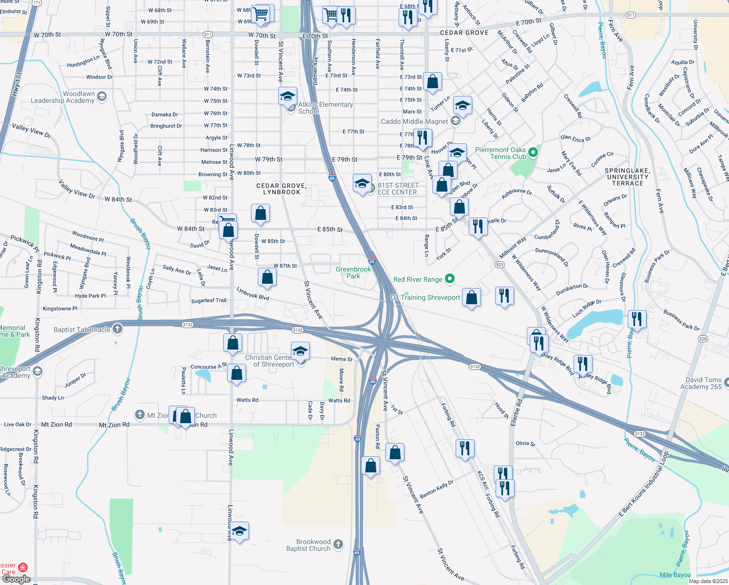 map of restaurants, bars, coffee shops, grocery stores, and more near 8786 S Emerald Loop in Shreveport