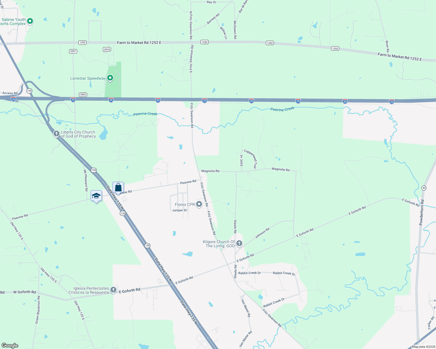 map of restaurants, bars, coffee shops, grocery stores, and more near 260 Magnolia Rd in Kilgore