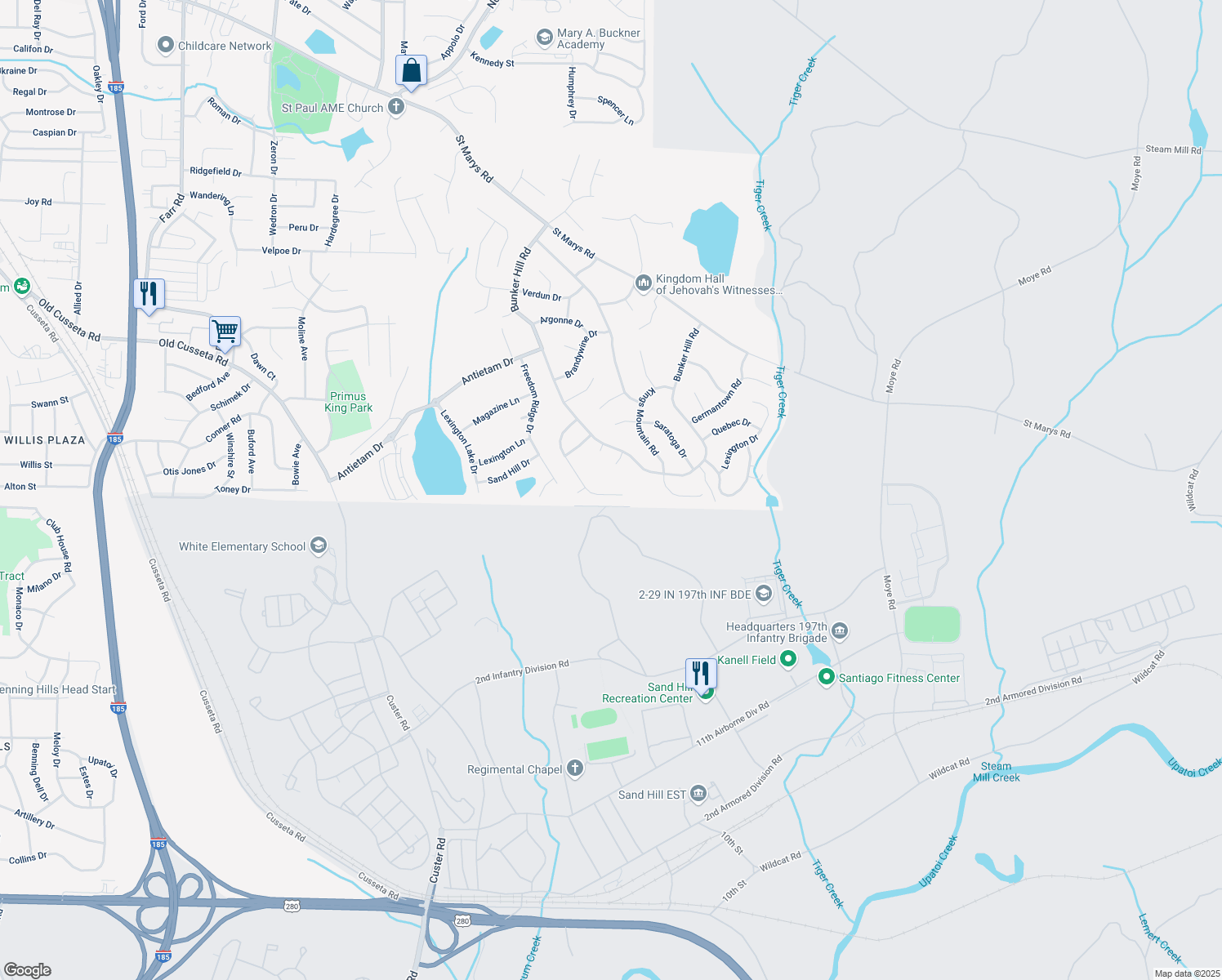 map of restaurants, bars, coffee shops, grocery stores, and more near 1340 Bunker Ridge Lane in Columbus