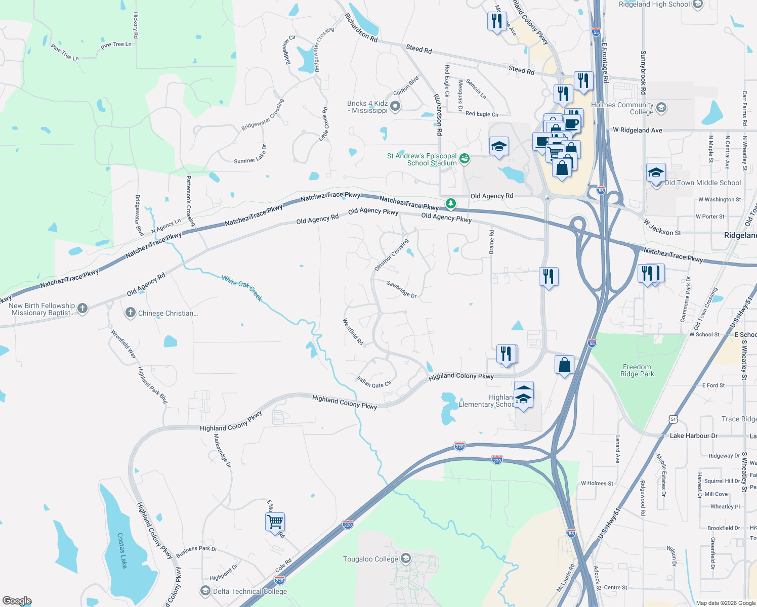map of restaurants, bars, coffee shops, grocery stores, and more near Dinsmor Crossing in Ridgeland