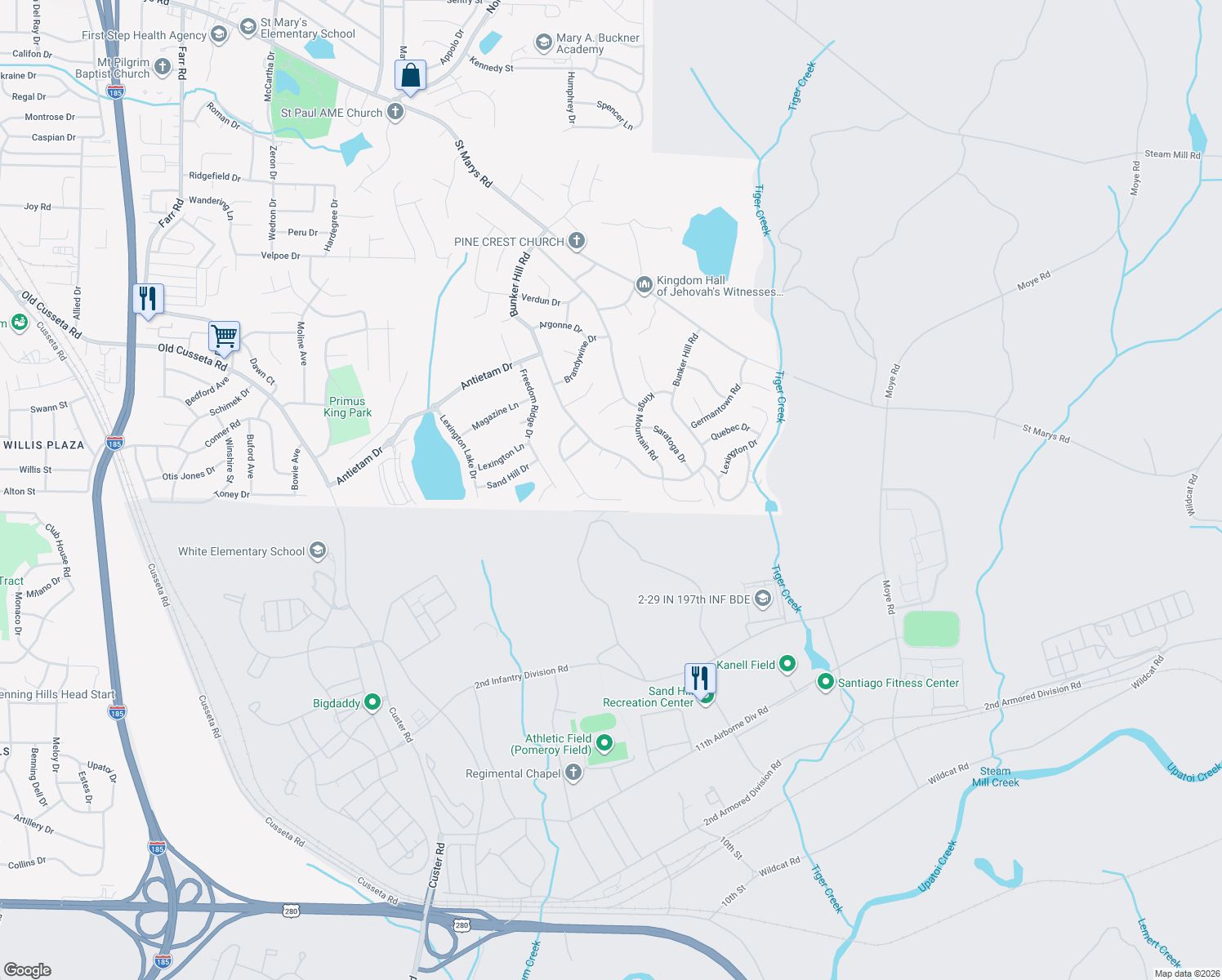 map of restaurants, bars, coffee shops, grocery stores, and more near 1211 Bunker Ridge Drive in Columbus