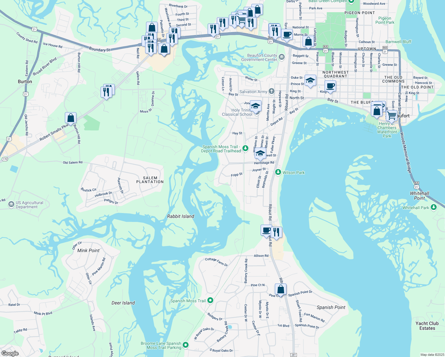 map of restaurants, bars, coffee shops, grocery stores, and more near 110 South Hermitage Road in Beaufort