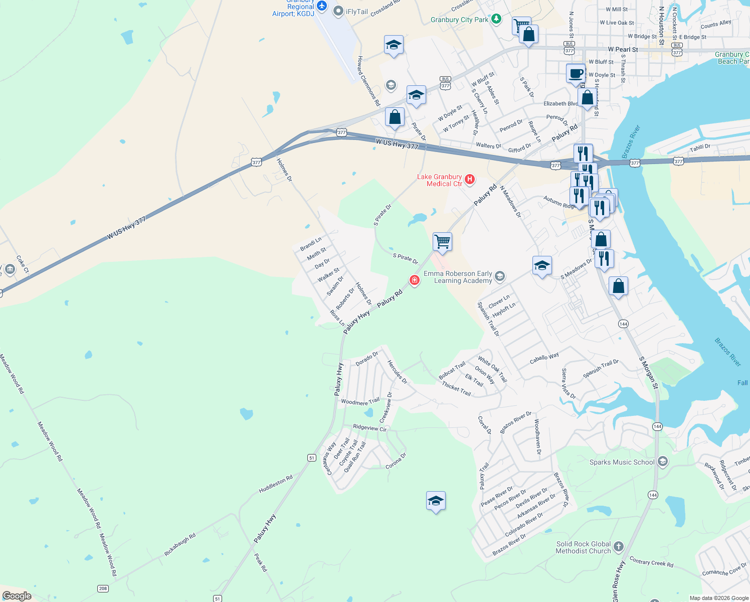 map of restaurants, bars, coffee shops, grocery stores, and more near 1908 Easy Ct in Granbury