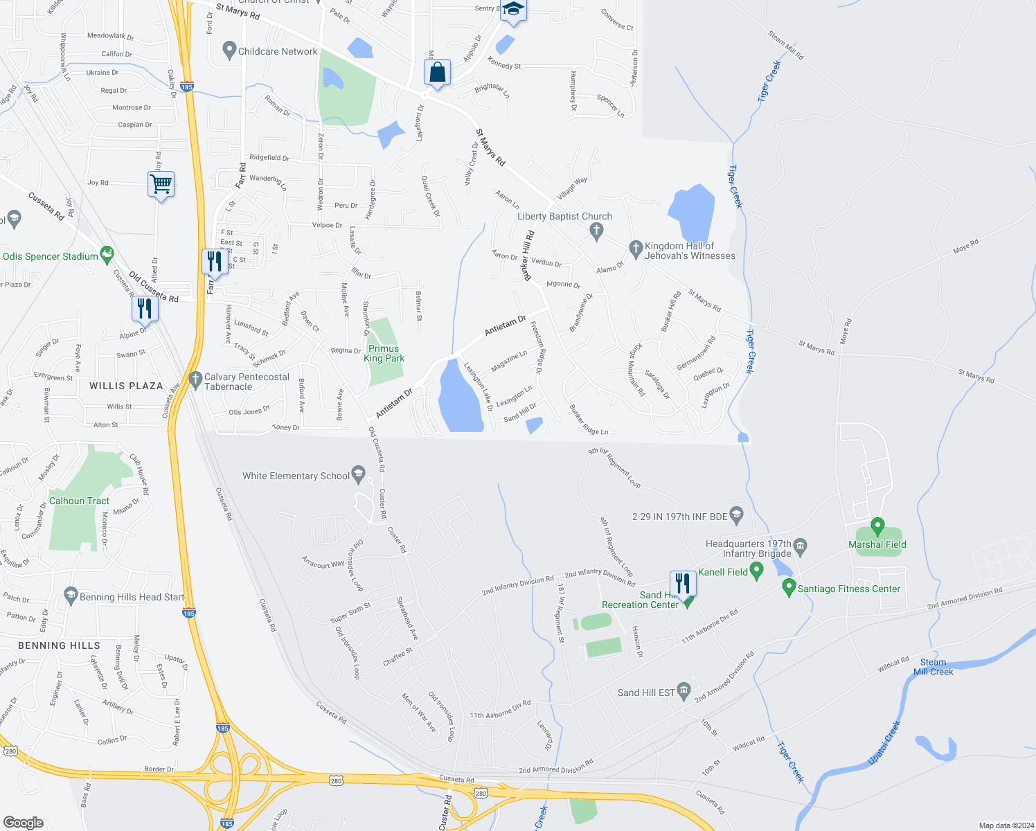 map of restaurants, bars, coffee shops, grocery stores, and more near 5077 Sand Hill Drive in Columbus