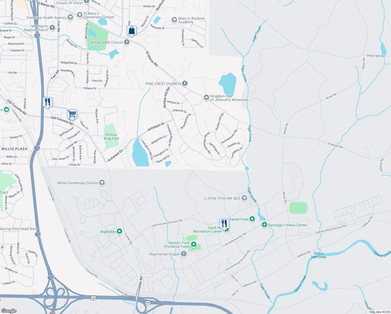 map of restaurants, bars, coffee shops, grocery stores, and more near 1211 Bunker Ridge Drive in Columbus