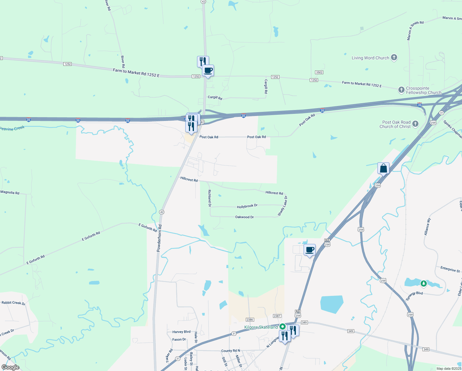 map of restaurants, bars, coffee shops, grocery stores, and more near 291 Hillcrest Dr in Kilgore