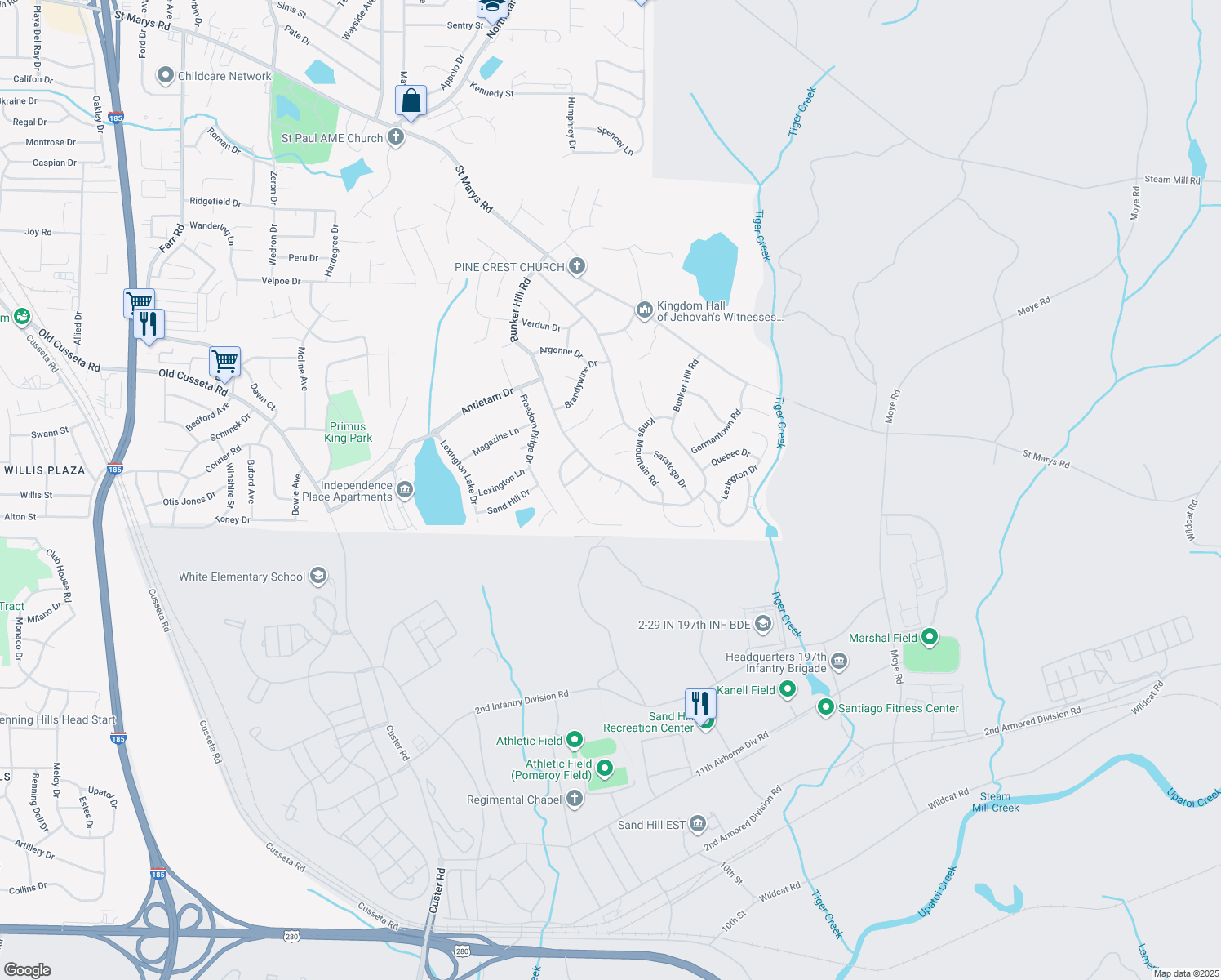 map of restaurants, bars, coffee shops, grocery stores, and more near 1203 Bunker Ridge Drive in Columbus