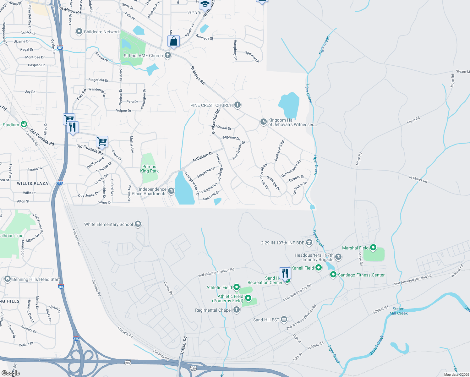 map of restaurants, bars, coffee shops, grocery stores, and more near 2016 Bunker Way Drive in Columbus