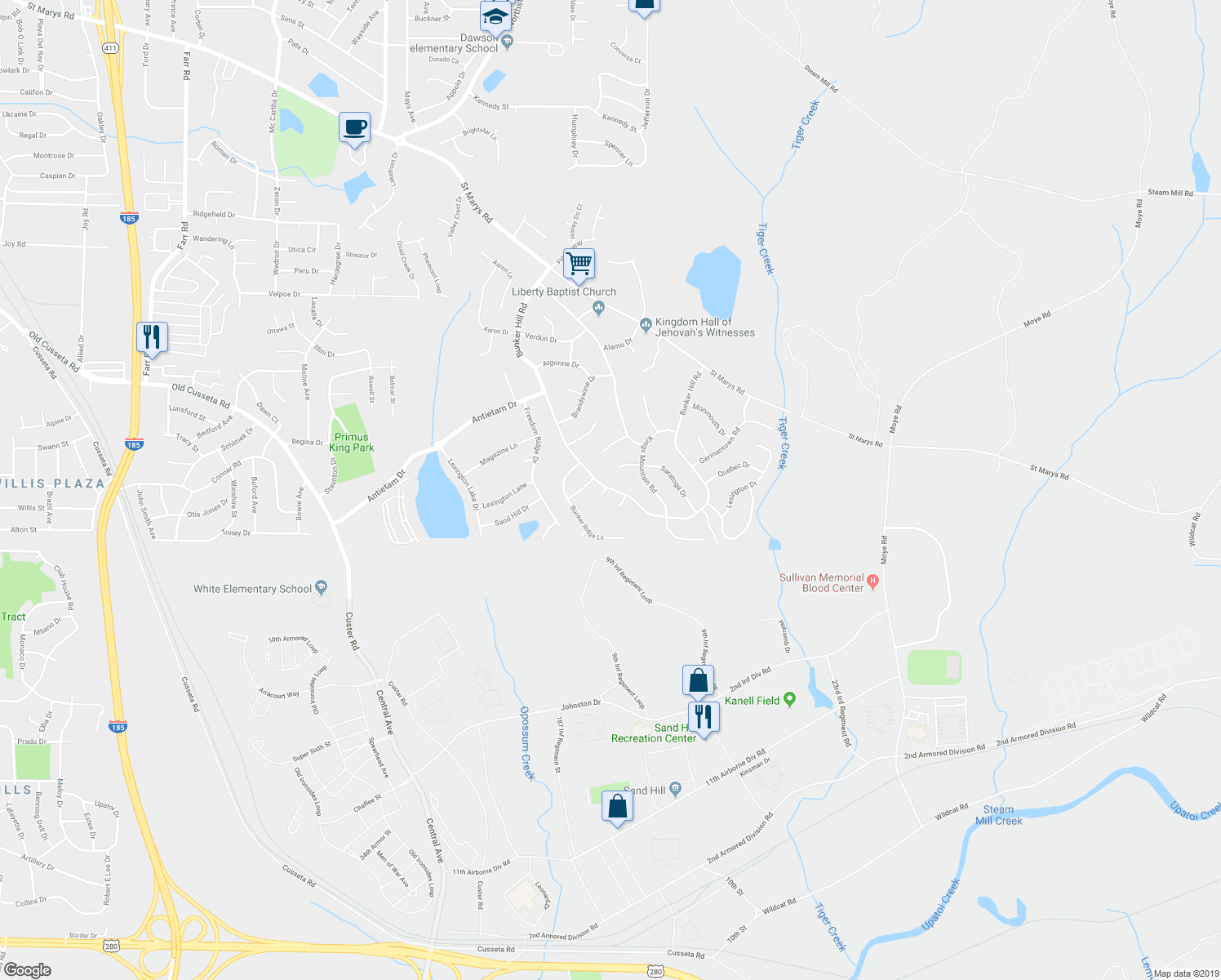 map of restaurants, bars, coffee shops, grocery stores, and more near 1607 Bunker Hill Road in Columbus