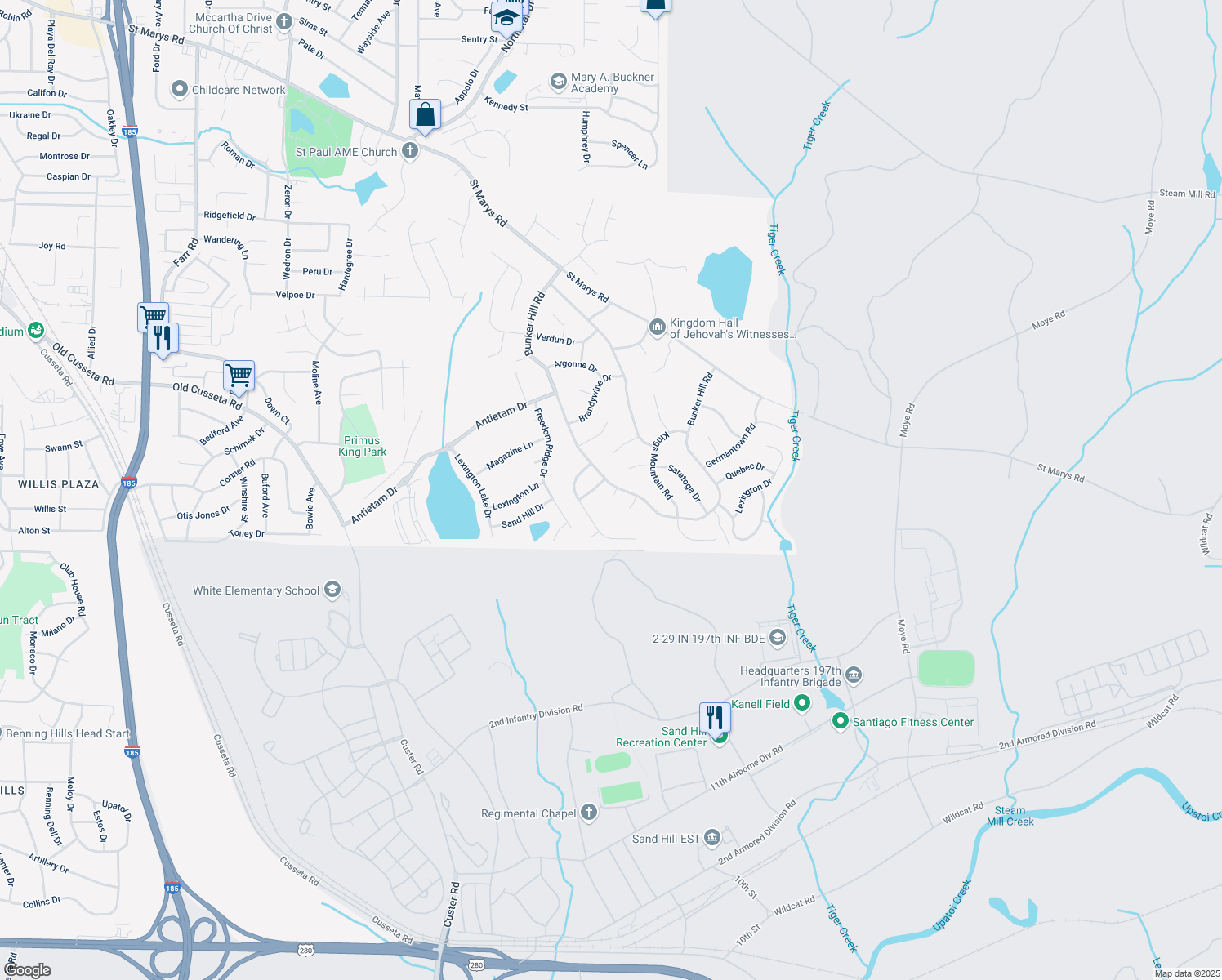 map of restaurants, bars, coffee shops, grocery stores, and more near 1607 Bunker Hill Road in Columbus