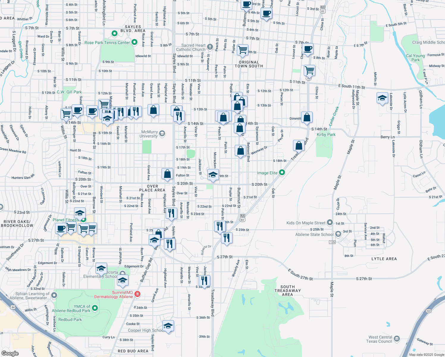 map of restaurants, bars, coffee shops, grocery stores, and more near 1449 S 19th St in Abilene