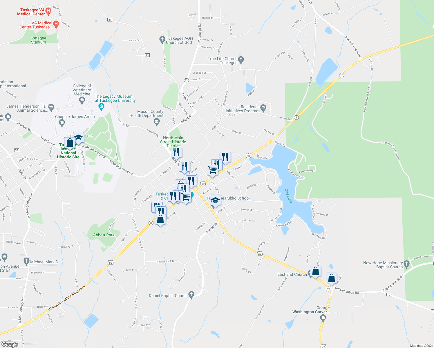map of restaurants, bars, coffee shops, grocery stores, and more near 402 E Martin Luther King Hwy in Tuskegee