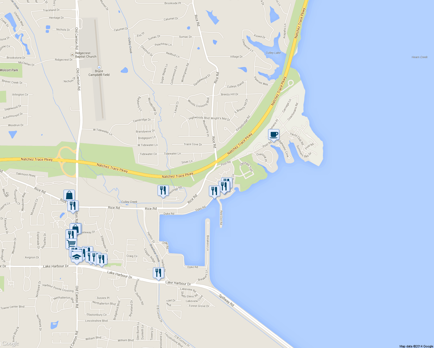 map of restaurants, bars, coffee shops, grocery stores, and more near 105 Frenchman's Cay in Ridgeland