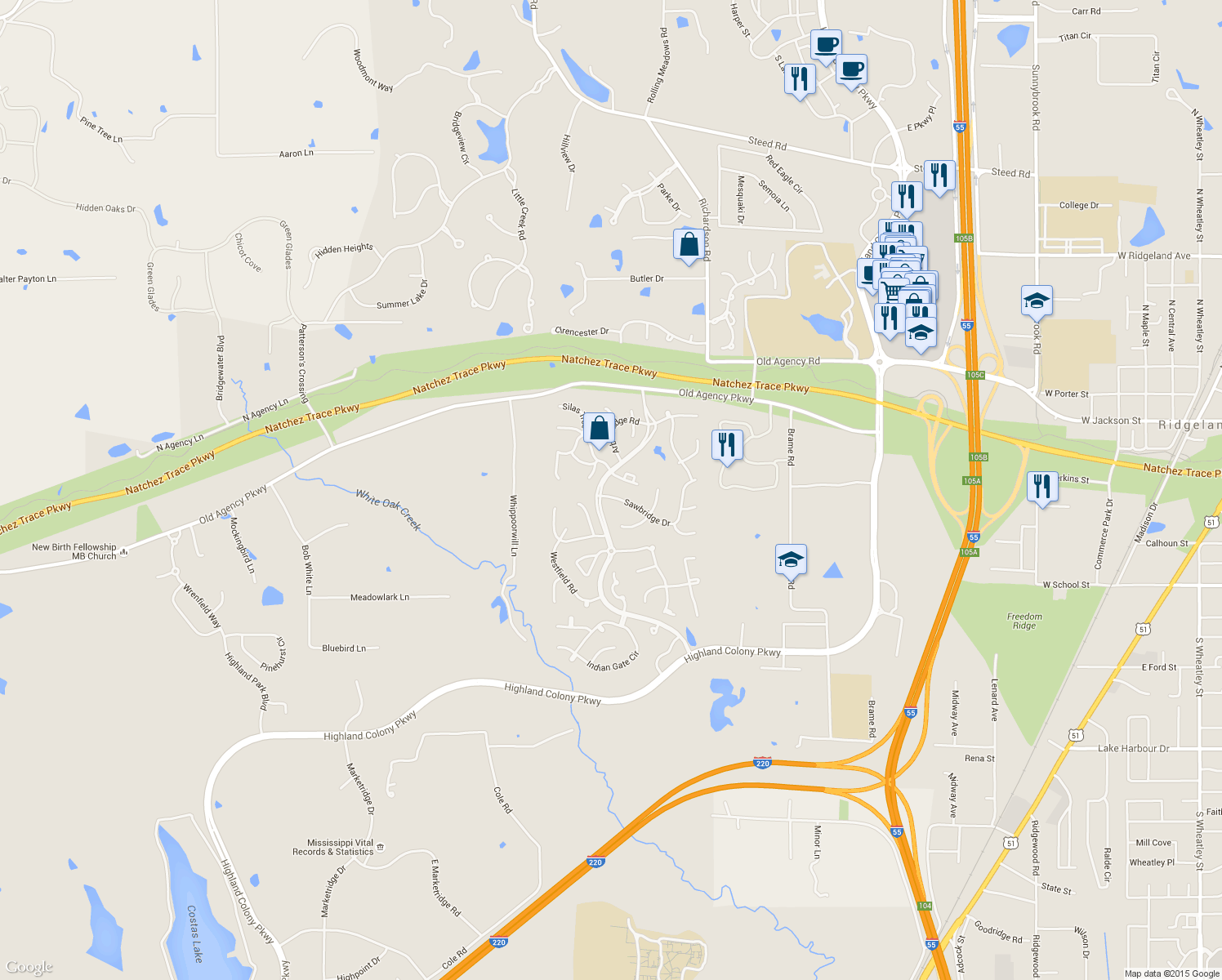 map of restaurants, bars, coffee shops, grocery stores, and more near 243 Sawbridge Drive in Ridgeland