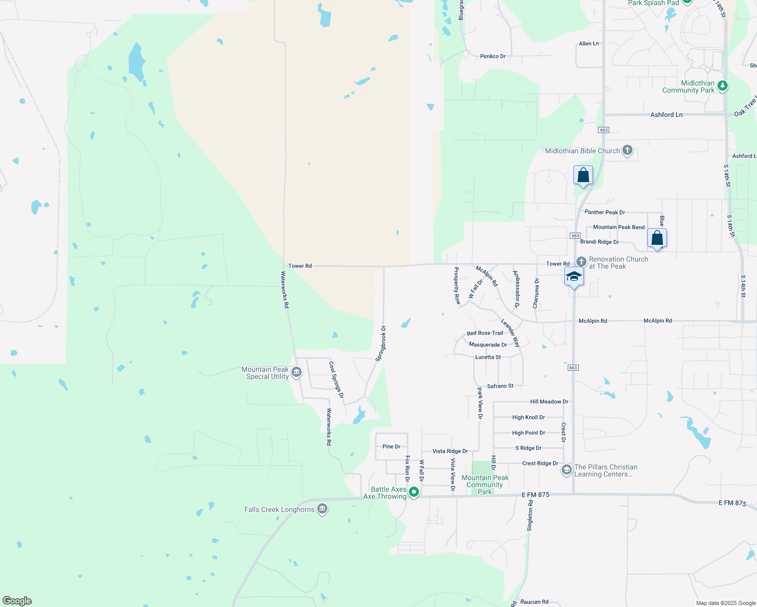 map of restaurants, bars, coffee shops, grocery stores, and more near 5211 Springbrook Drive in Midlothian