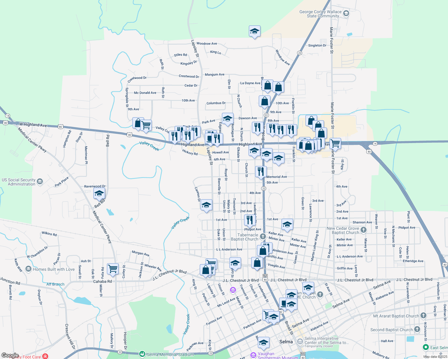map of restaurants, bars, coffee shops, grocery stores, and more near 2019 Royal St in Selma
