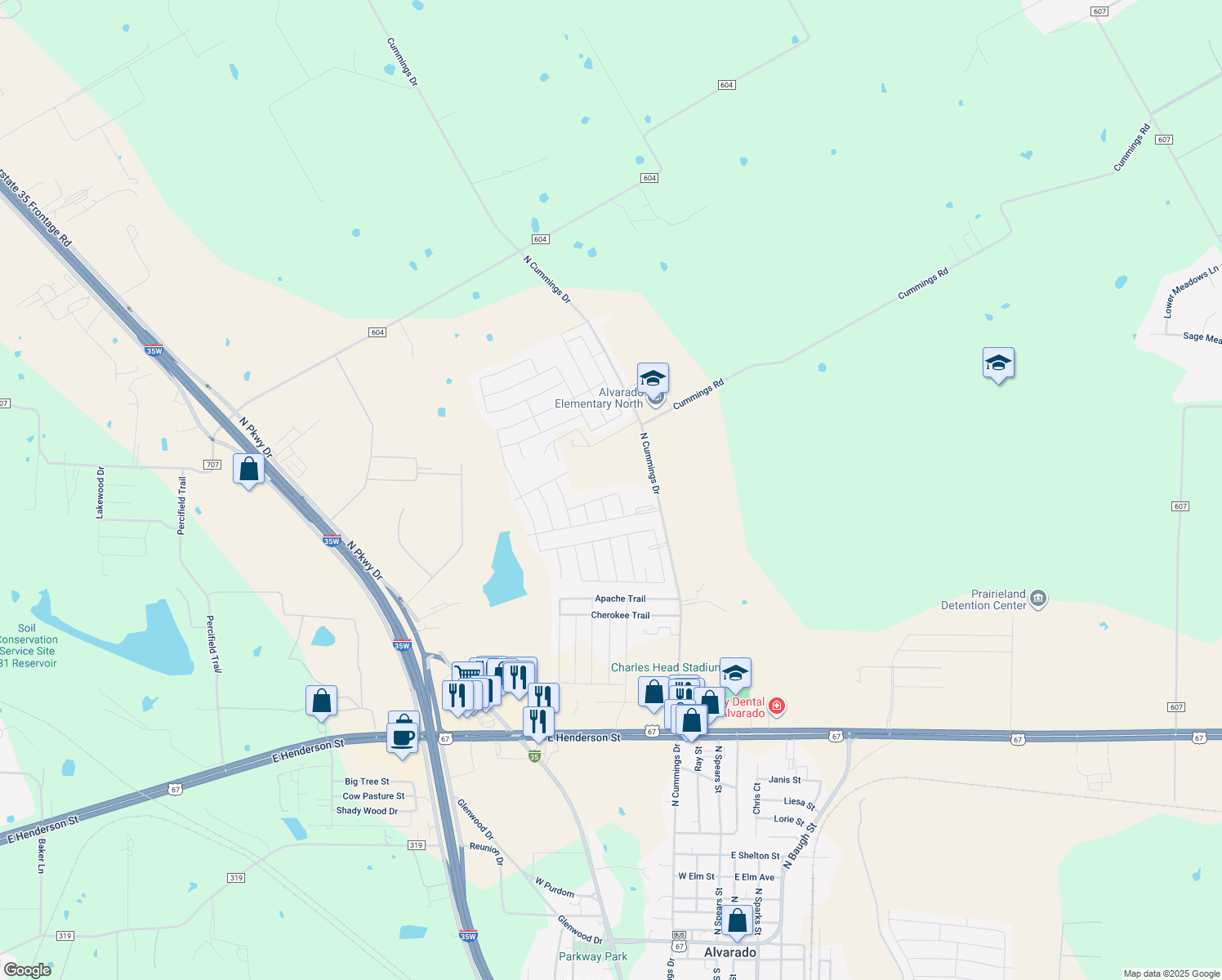 map of restaurants, bars, coffee shops, grocery stores, and more near 202 Limestone Dr in Alvarado