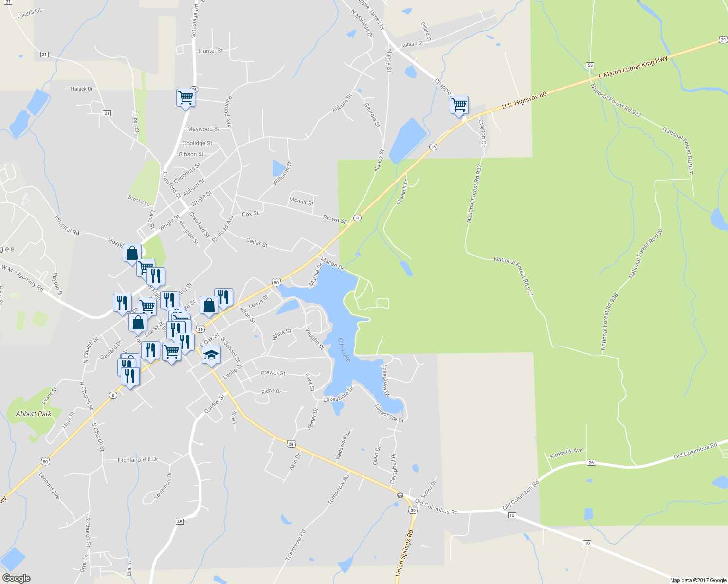 map of restaurants, bars, coffee shops, grocery stores, and more near County Hospital in Tuskegee