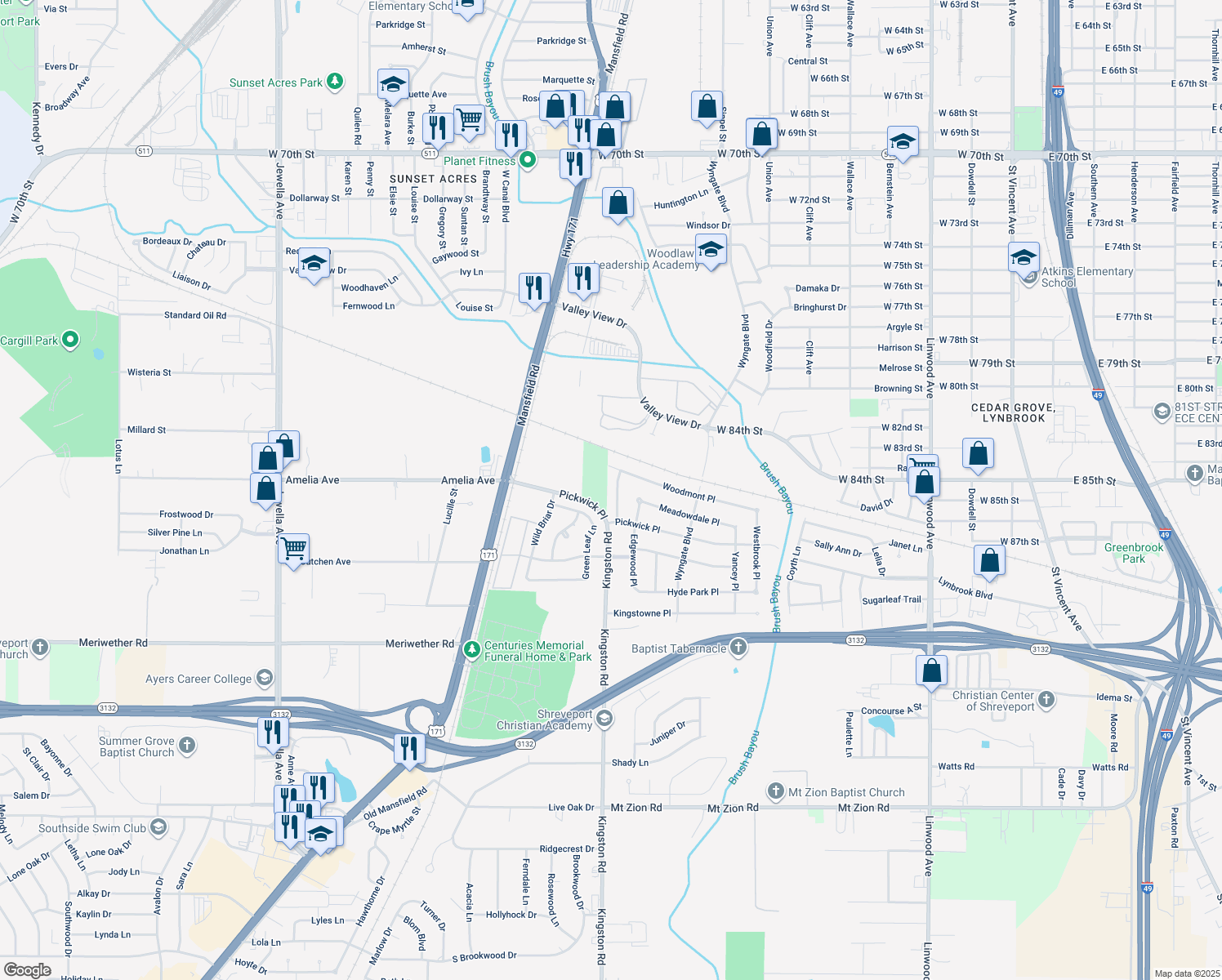 map of restaurants, bars, coffee shops, grocery stores, and more near 8514 Elmview Place in Shreveport