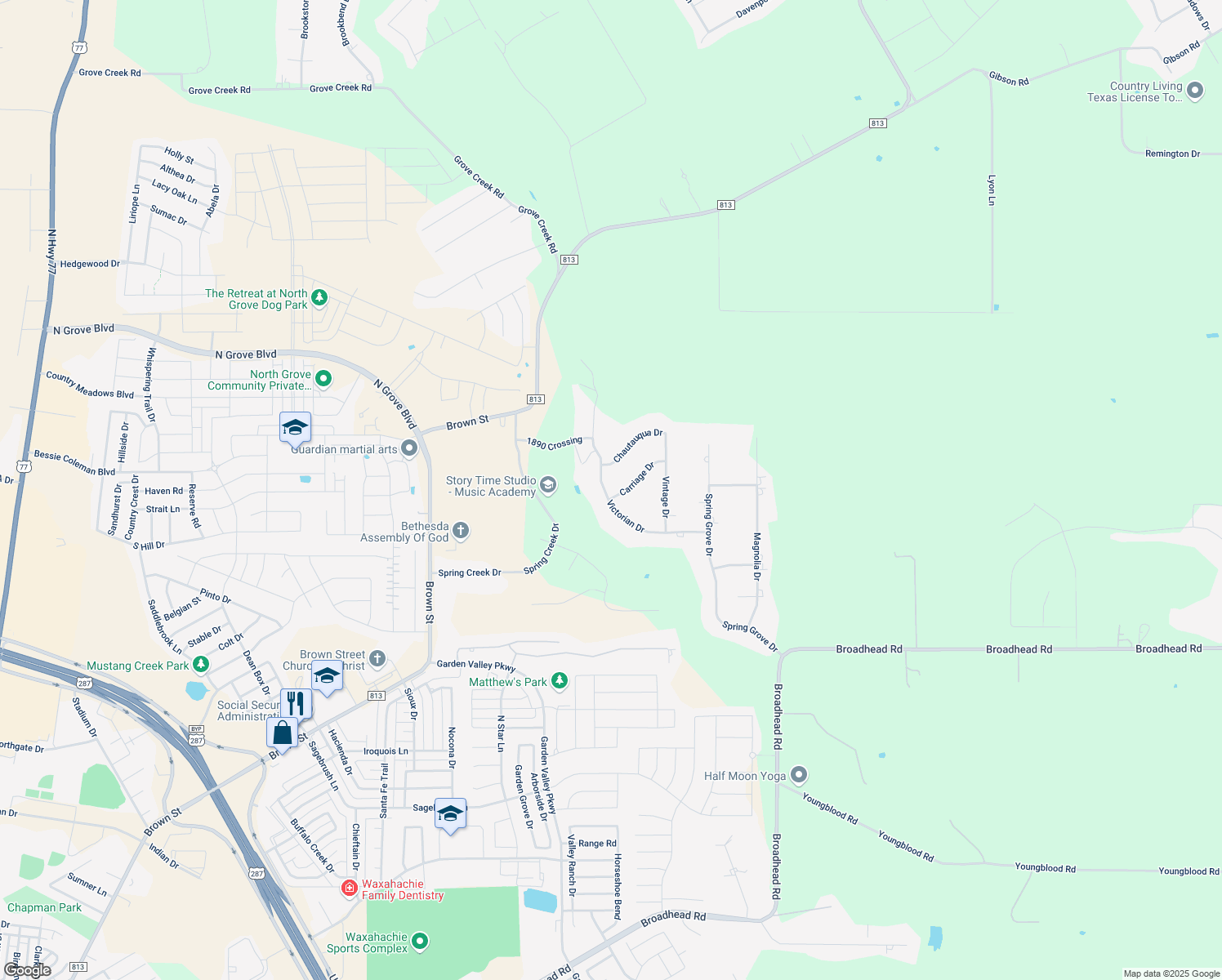 map of restaurants, bars, coffee shops, grocery stores, and more near 405 Victorian Drive in Waxahachie