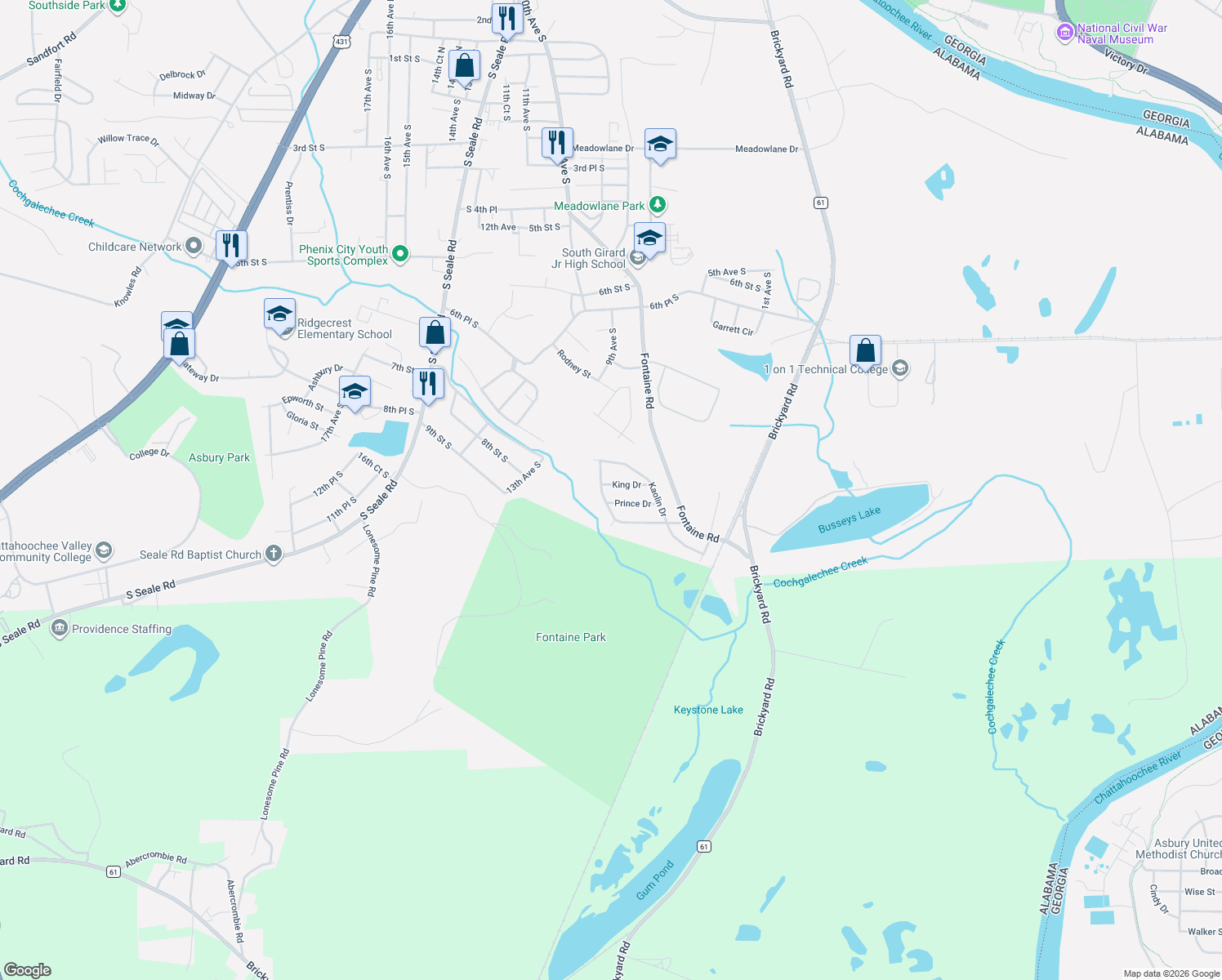 map of restaurants, bars, coffee shops, grocery stores, and more near 717 King Drive in Phenix City