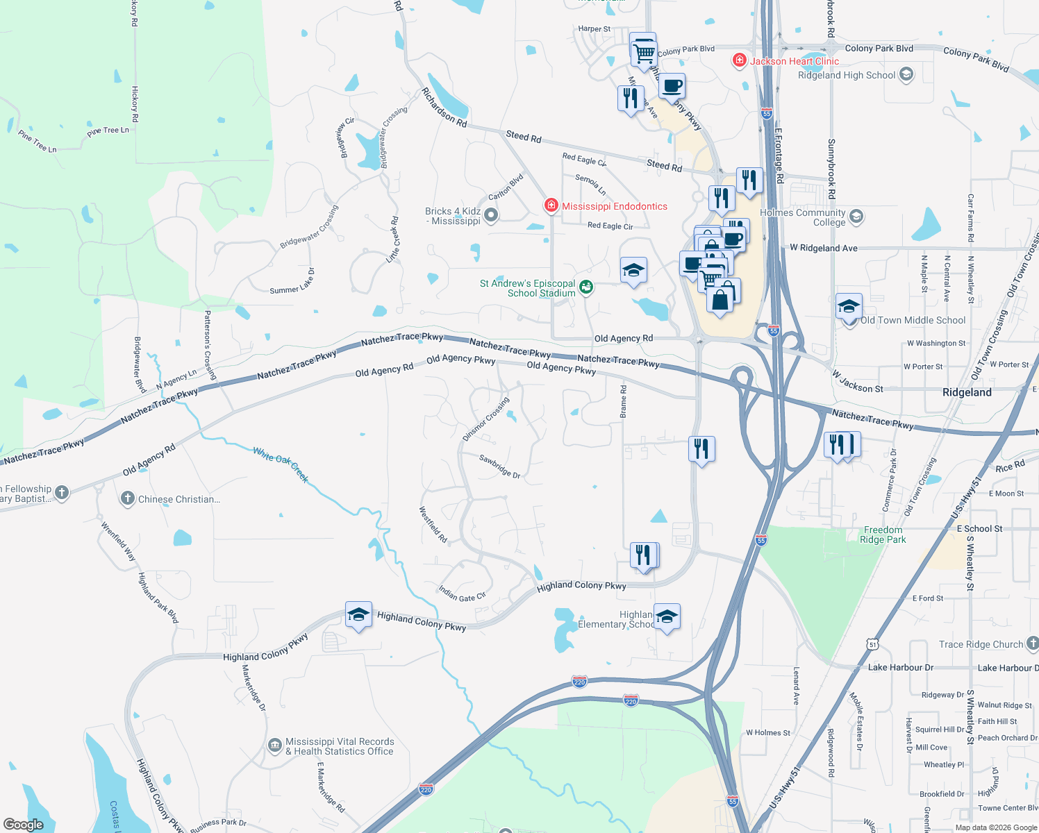 map of restaurants, bars, coffee shops, grocery stores, and more near 123 Sawbridge Drive in Ridgeland