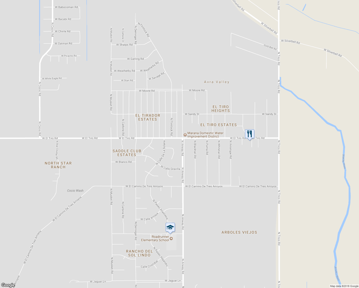 map of restaurants, bars, coffee shops, grocery stores, and more near 12335 North Anway Road in Marana
