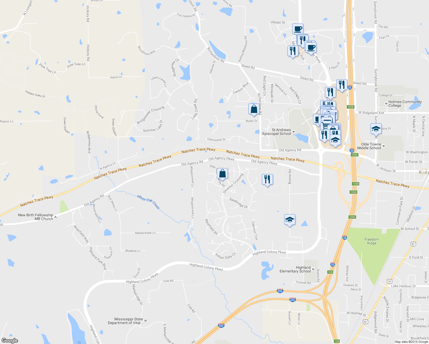 map of restaurants, bars, coffee shops, grocery stores, and more near 200 Agency Burn in Ridgeland
