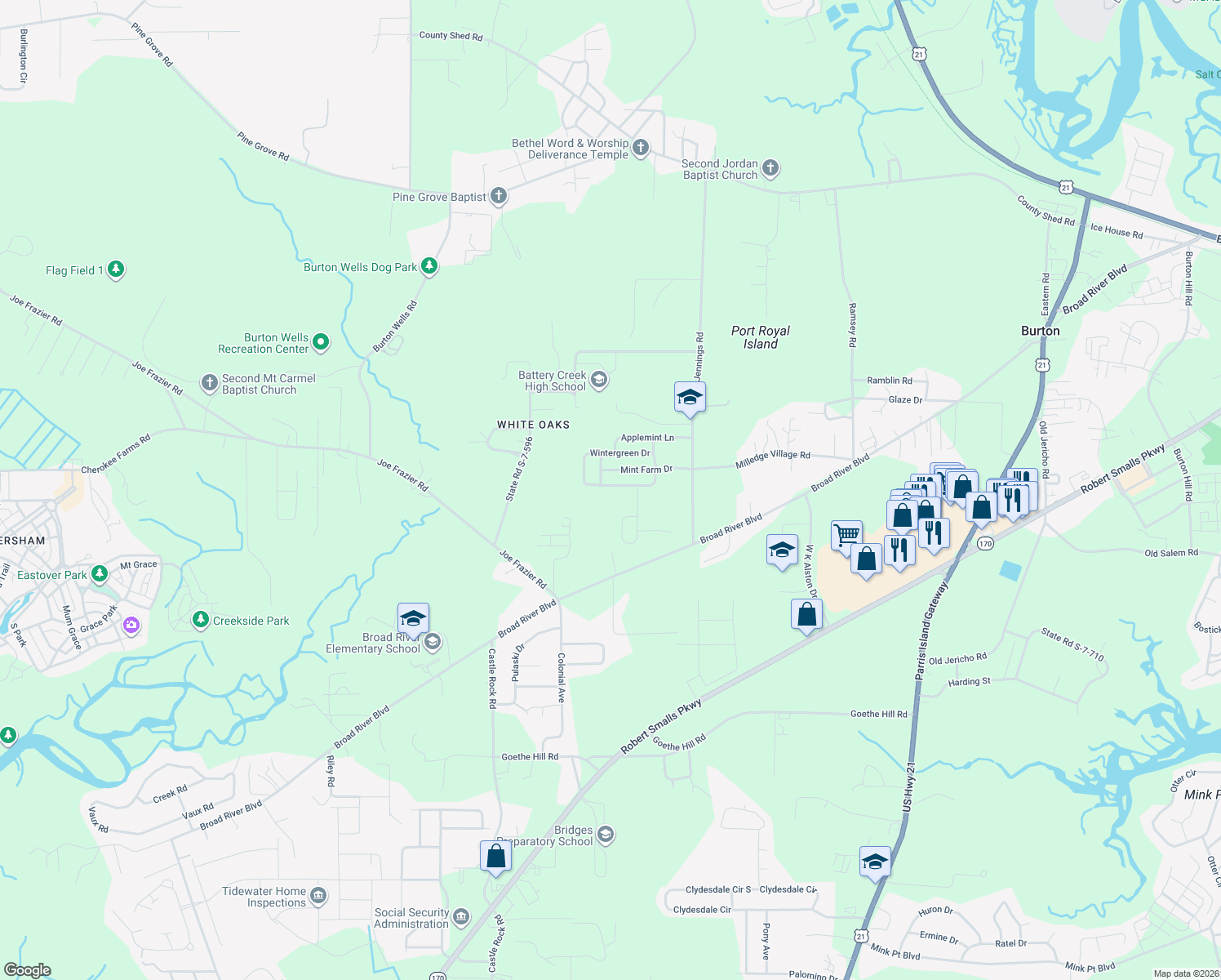 map of restaurants, bars, coffee shops, grocery stores, and more near 39 Wintergreen Drive in Beaufort