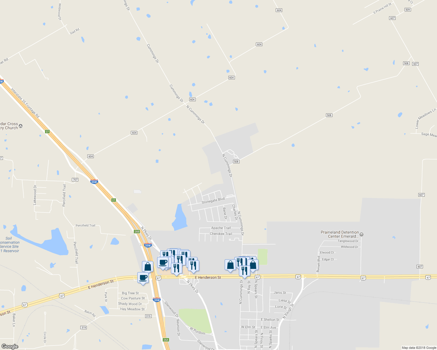 map of restaurants, bars, coffee shops, grocery stores, and more near 1445 North Cummings Drive in Alvarado