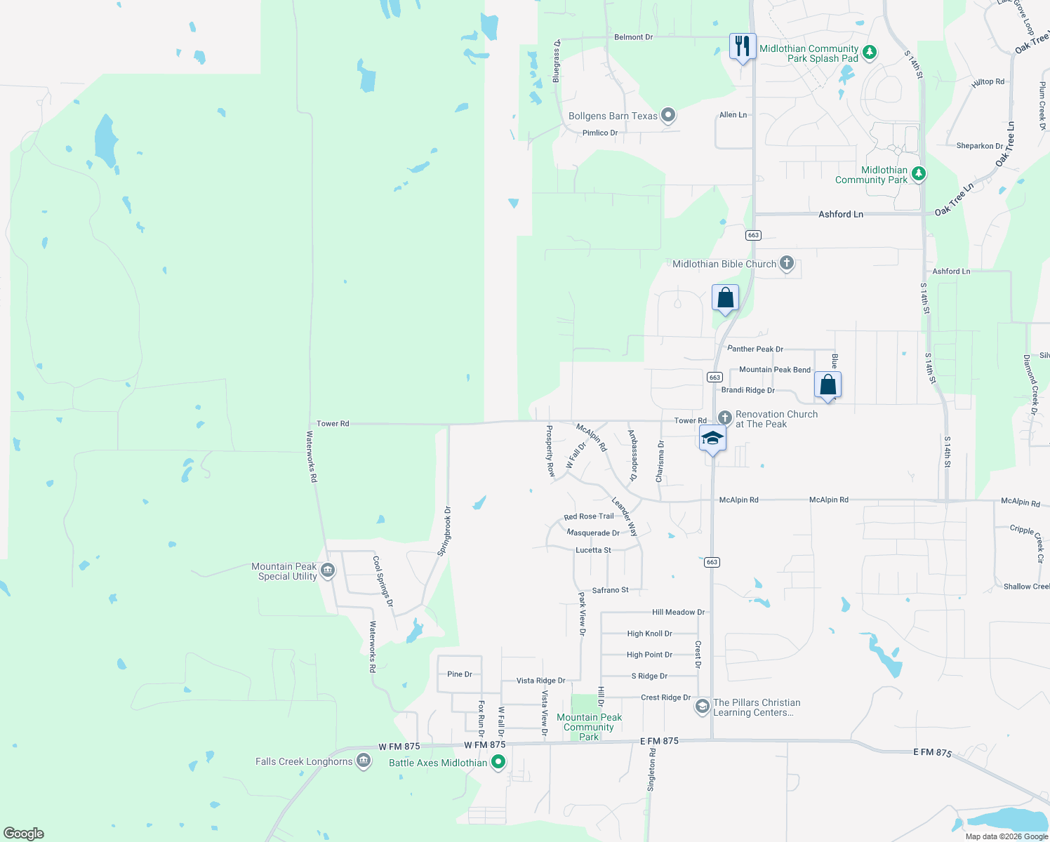 map of restaurants, bars, coffee shops, grocery stores, and more near 1351 Tower Rd in Midlothian