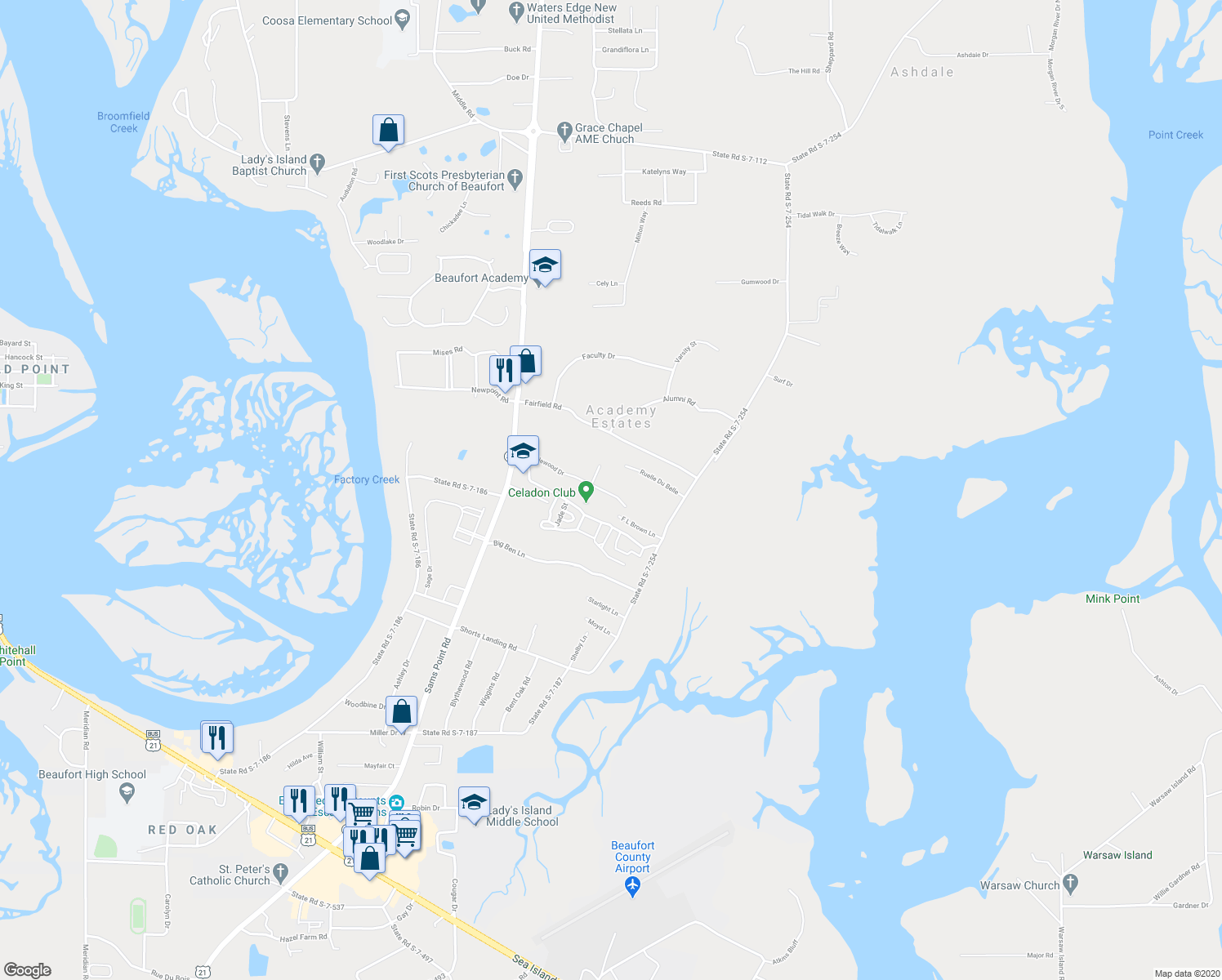 map of restaurants, bars, coffee shops, grocery stores, and more near 45 Brindlewood Drive in Beaufort