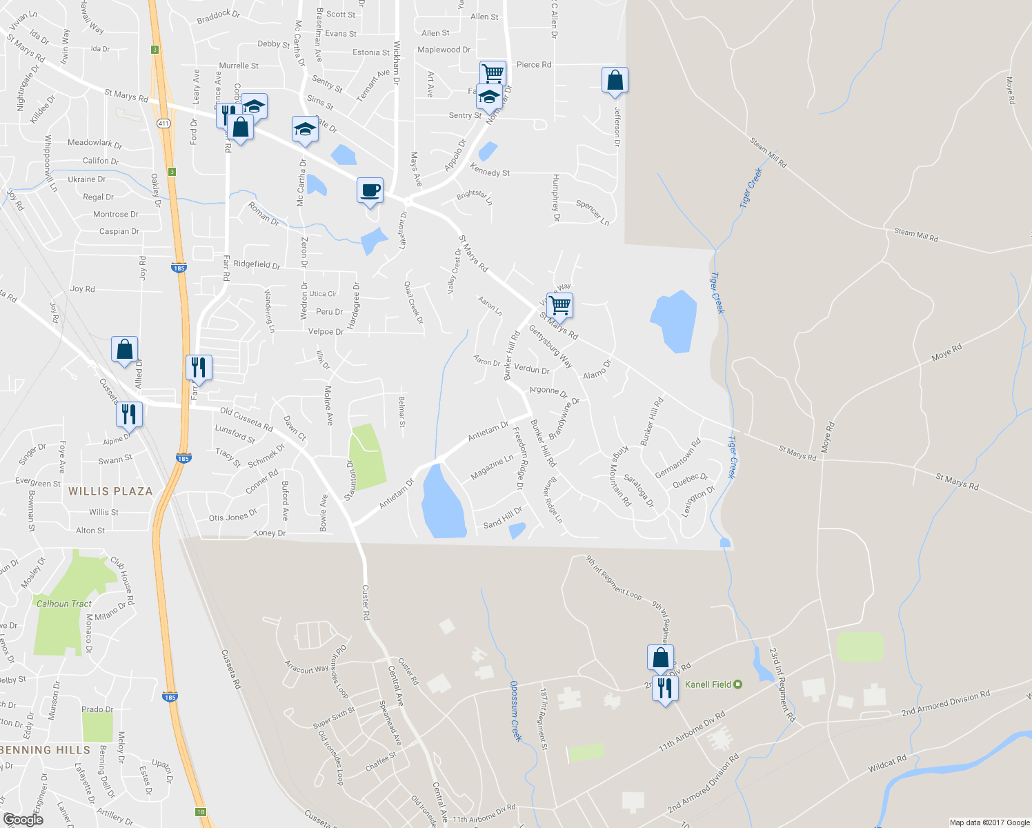 map of restaurants, bars, coffee shops, grocery stores, and more near 1317 Antietam Drive in Columbus