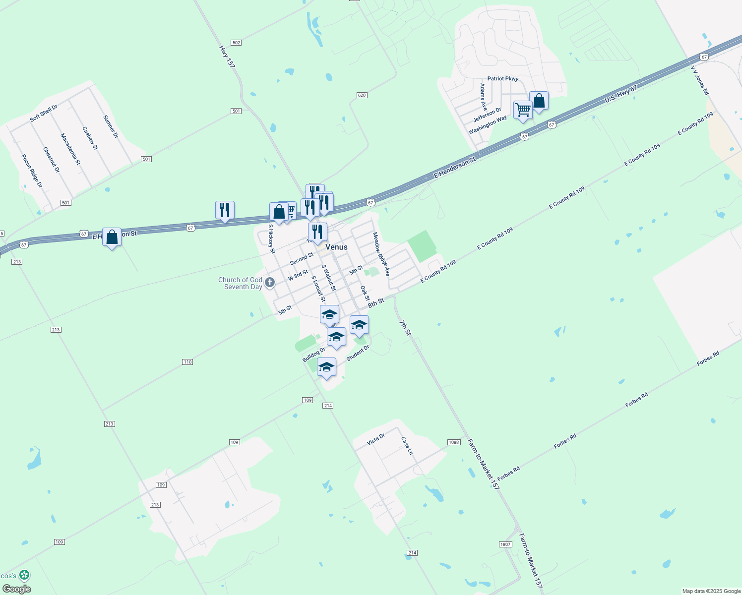 map of restaurants, bars, coffee shops, grocery stores, and more near 702 Oak St in Venus