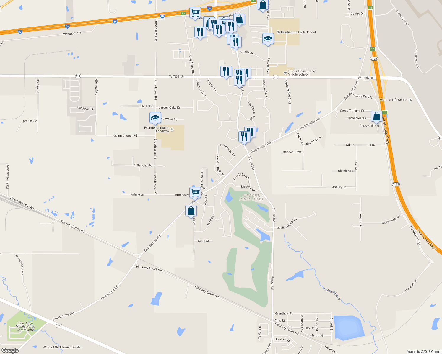map of restaurants, bars, coffee shops, grocery stores, and more near Oak Hollow Lane in Shreveport
