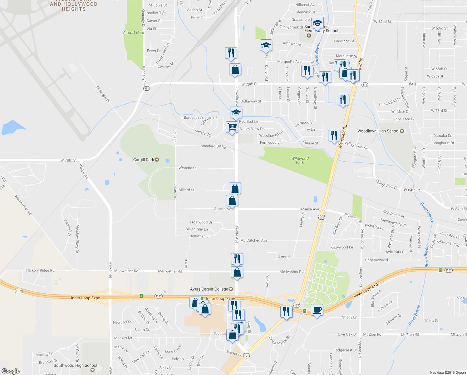 map of restaurants, bars, coffee shops, grocery stores, and more near 7840 Jewella Ave in Shreveport