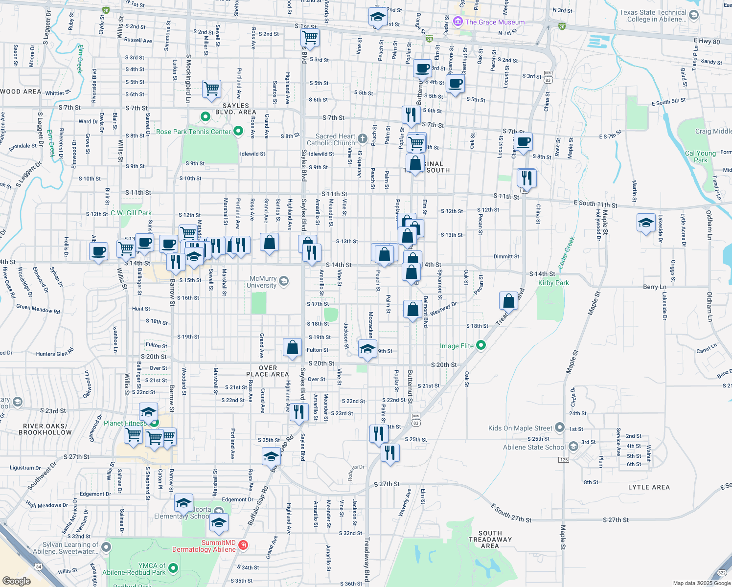 map of restaurants, bars, coffee shops, grocery stores, and more near 1641 S 16th St in Abilene