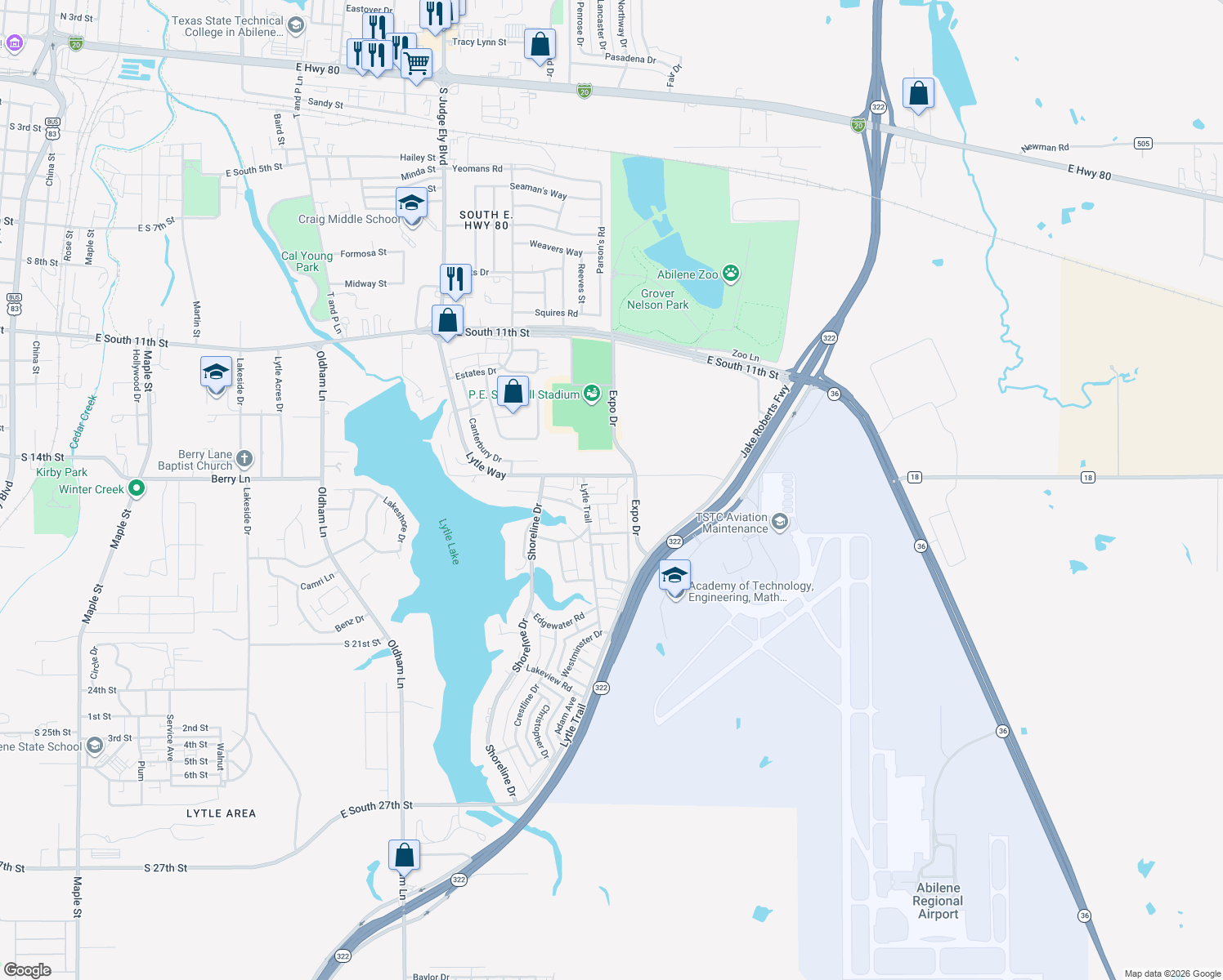 map of restaurants, bars, coffee shops, grocery stores, and more near 1550 Creek Bend Court in Abilene