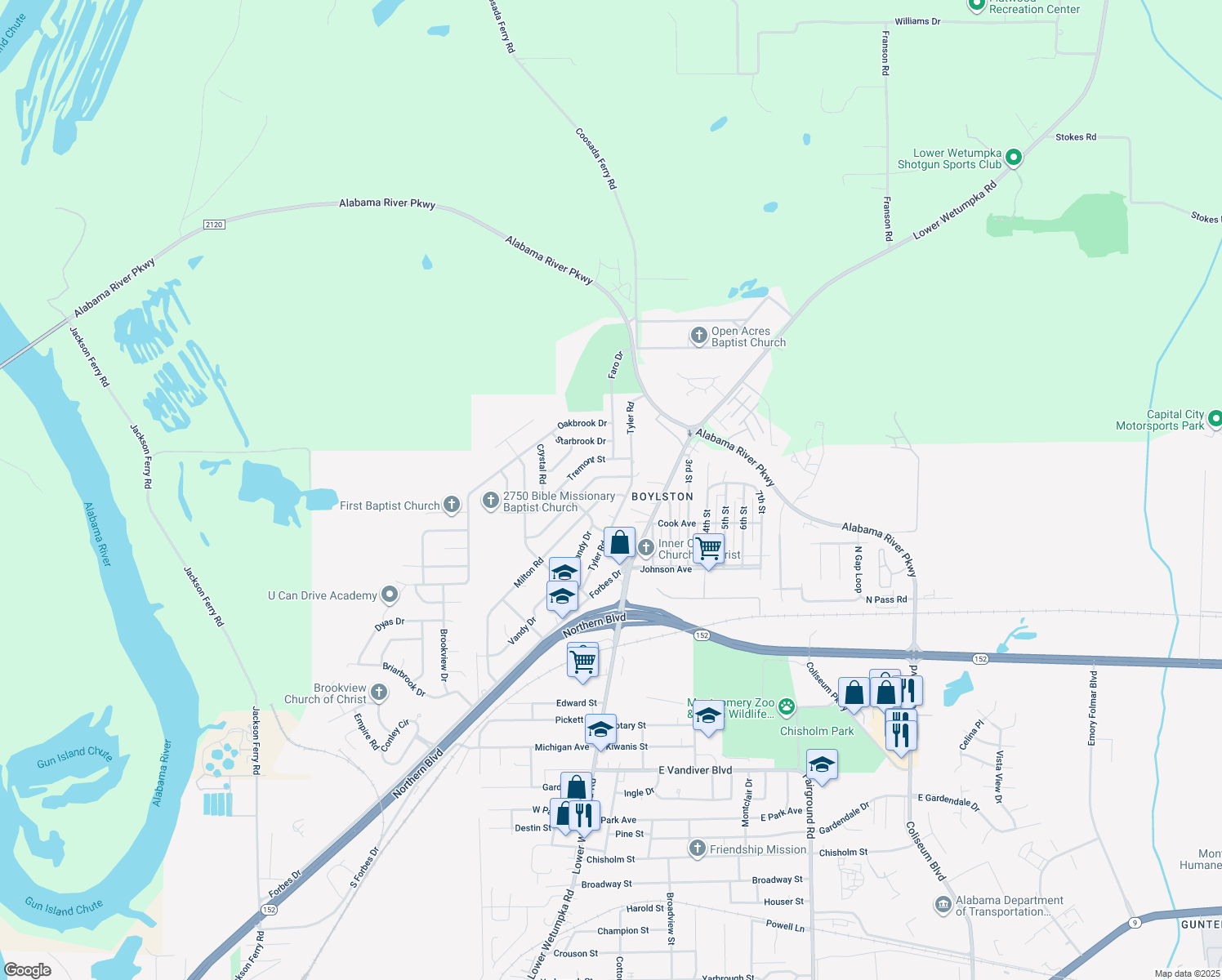 map of restaurants, bars, coffee shops, grocery stores, and more near 3041 Milton Rd in Montgomery