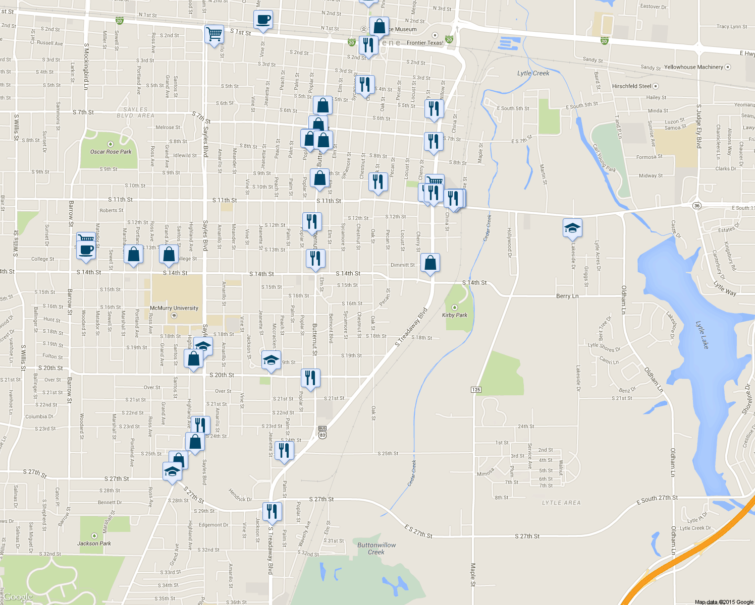 map of restaurants, bars, coffee shops, grocery stores, and more near 1573 Oak St in Abilene