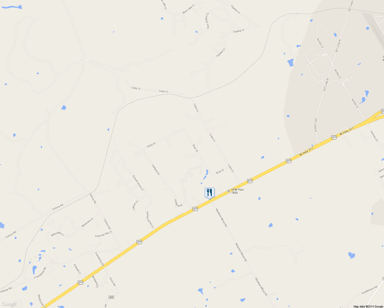 map of restaurants, bars, coffee shops, grocery stores, and more near 550 Bray Street in Granbury