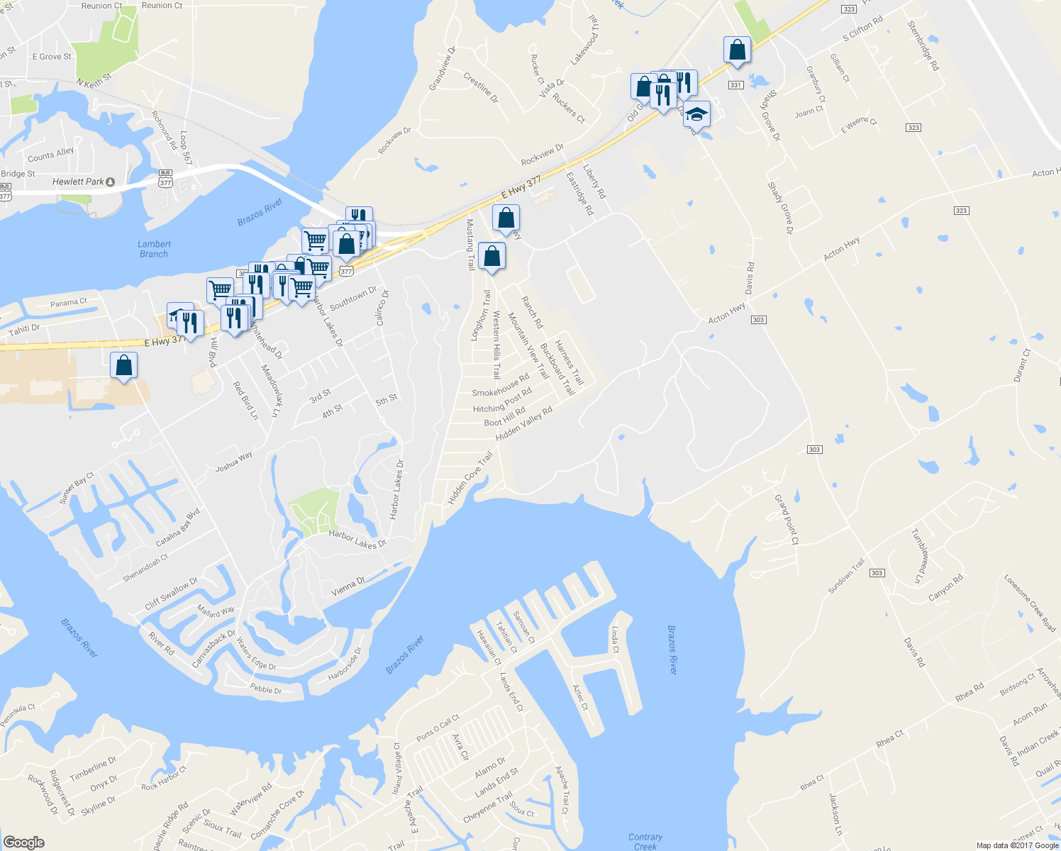 map of restaurants, bars, coffee shops, grocery stores, and more near 1825 Hidden Valley Road in Granbury