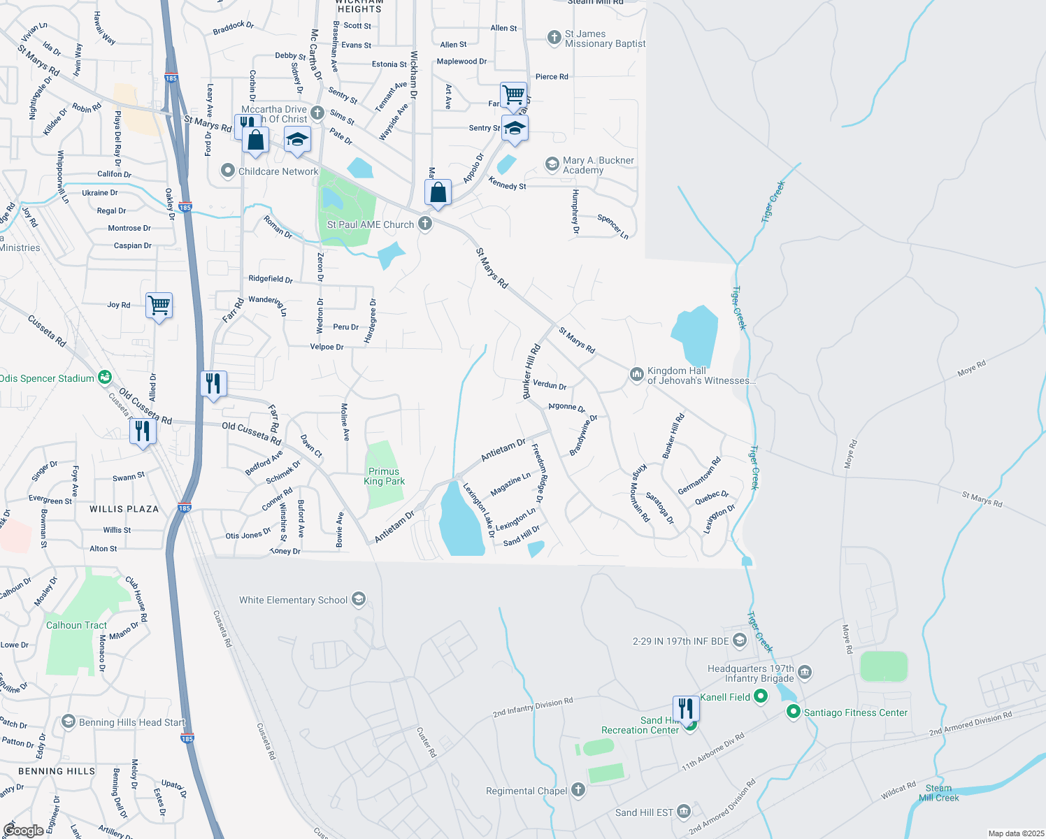 map of restaurants, bars, coffee shops, grocery stores, and more near 1317 Antietam Drive in Columbus