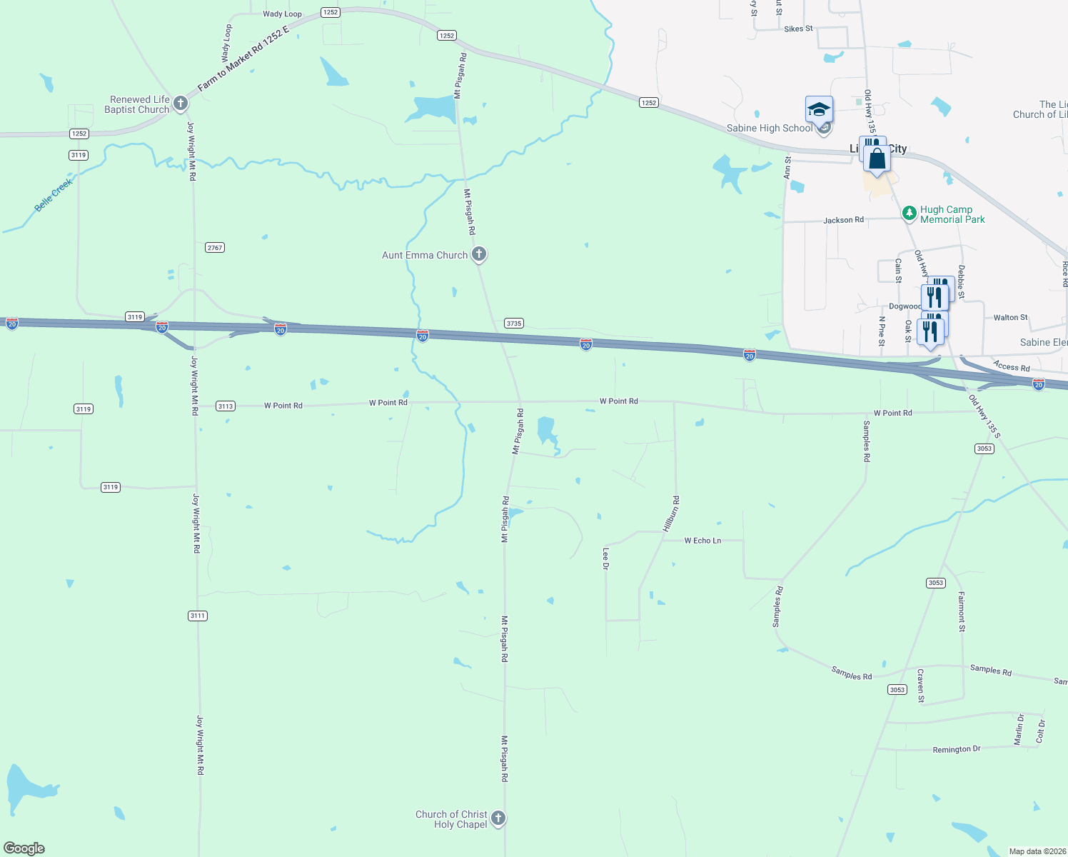 map of restaurants, bars, coffee shops, grocery stores, and more near 1443 Mt Pisgah Rd in Kilgore