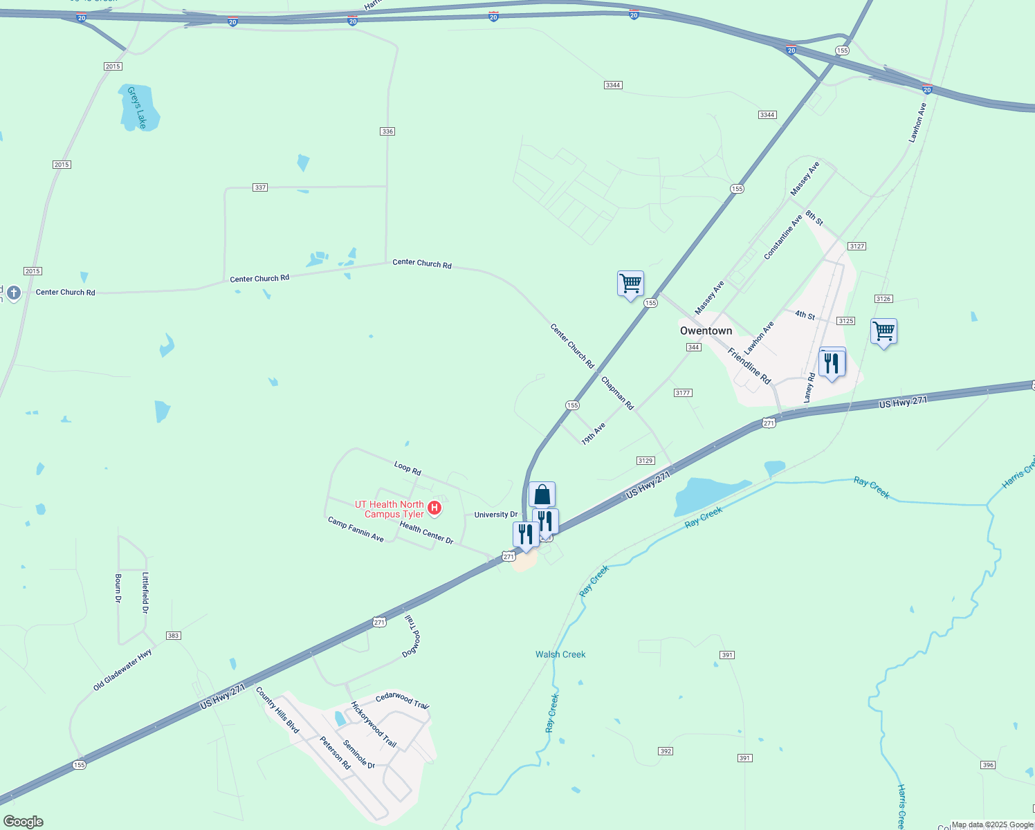 map of restaurants, bars, coffee shops, grocery stores, and more near 11466 Honor Lane in Tyler