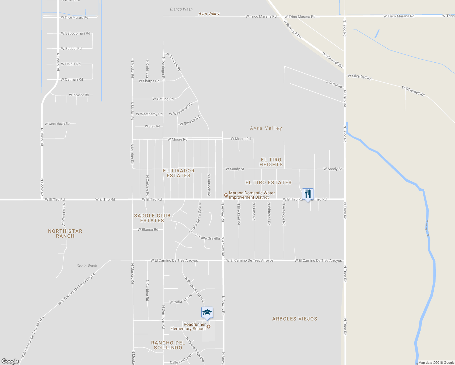 map of restaurants, bars, coffee shops, grocery stores, and more near 12500 North Anway Road in Marana
