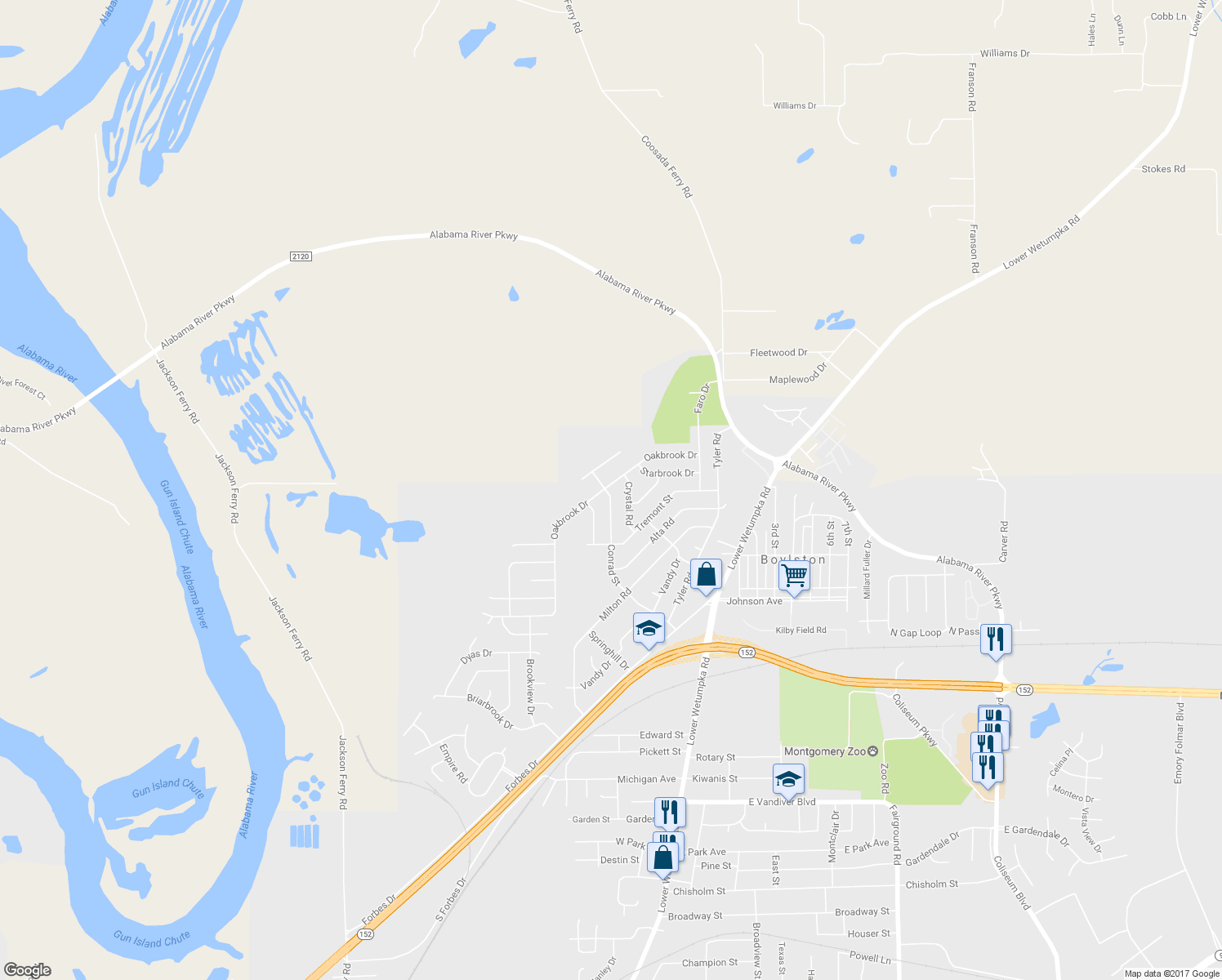 map of restaurants, bars, coffee shops, grocery stores, and more near 1000 Oakbrook Drive in Montgomery