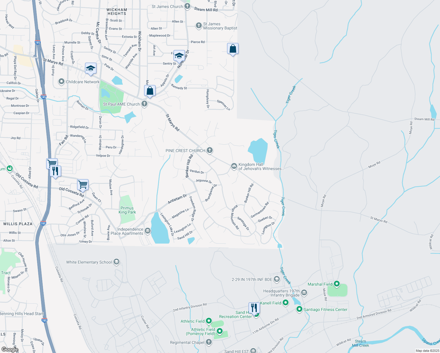 map of restaurants, bars, coffee shops, grocery stores, and more near 1502 Alamo Drive in Columbus