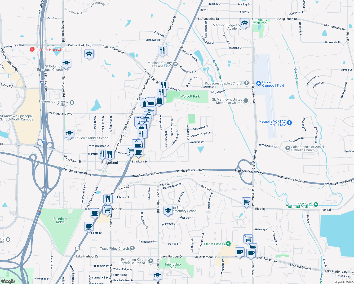 map of restaurants, bars, coffee shops, grocery stores, and more near 130 Trace Ridge Dr in Ridgeland