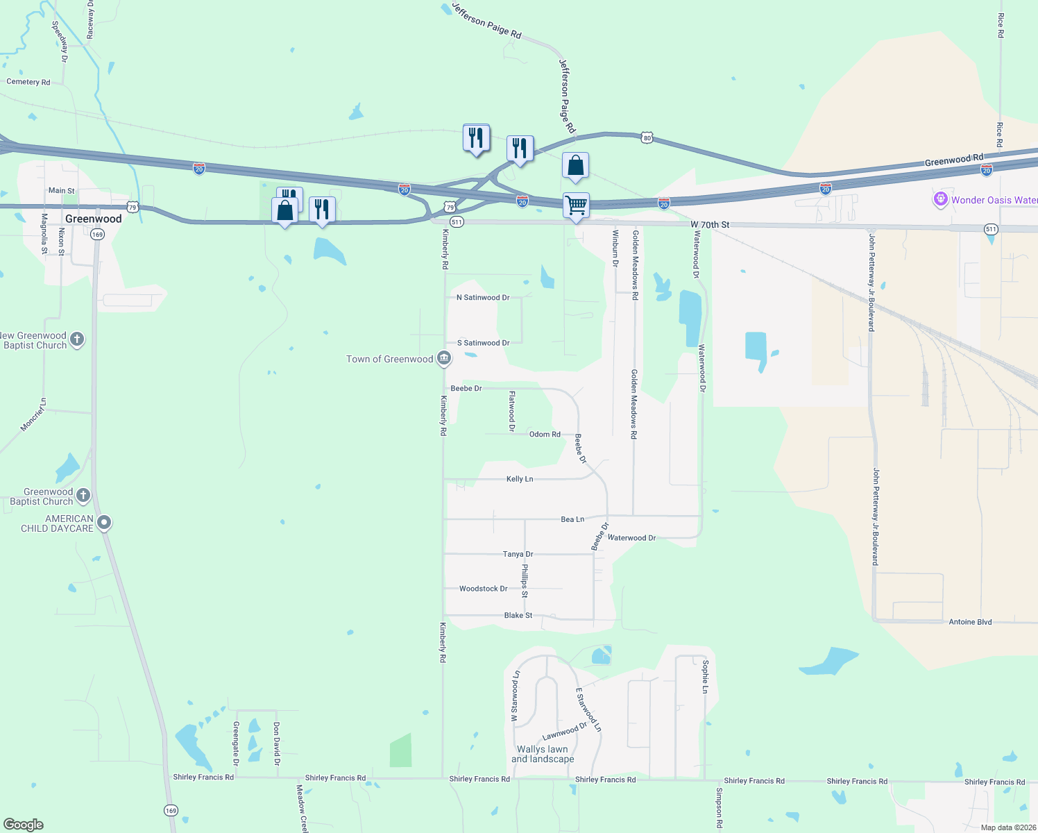map of restaurants, bars, coffee shops, grocery stores, and more near 7423 Flatwood Drive in Greenwood